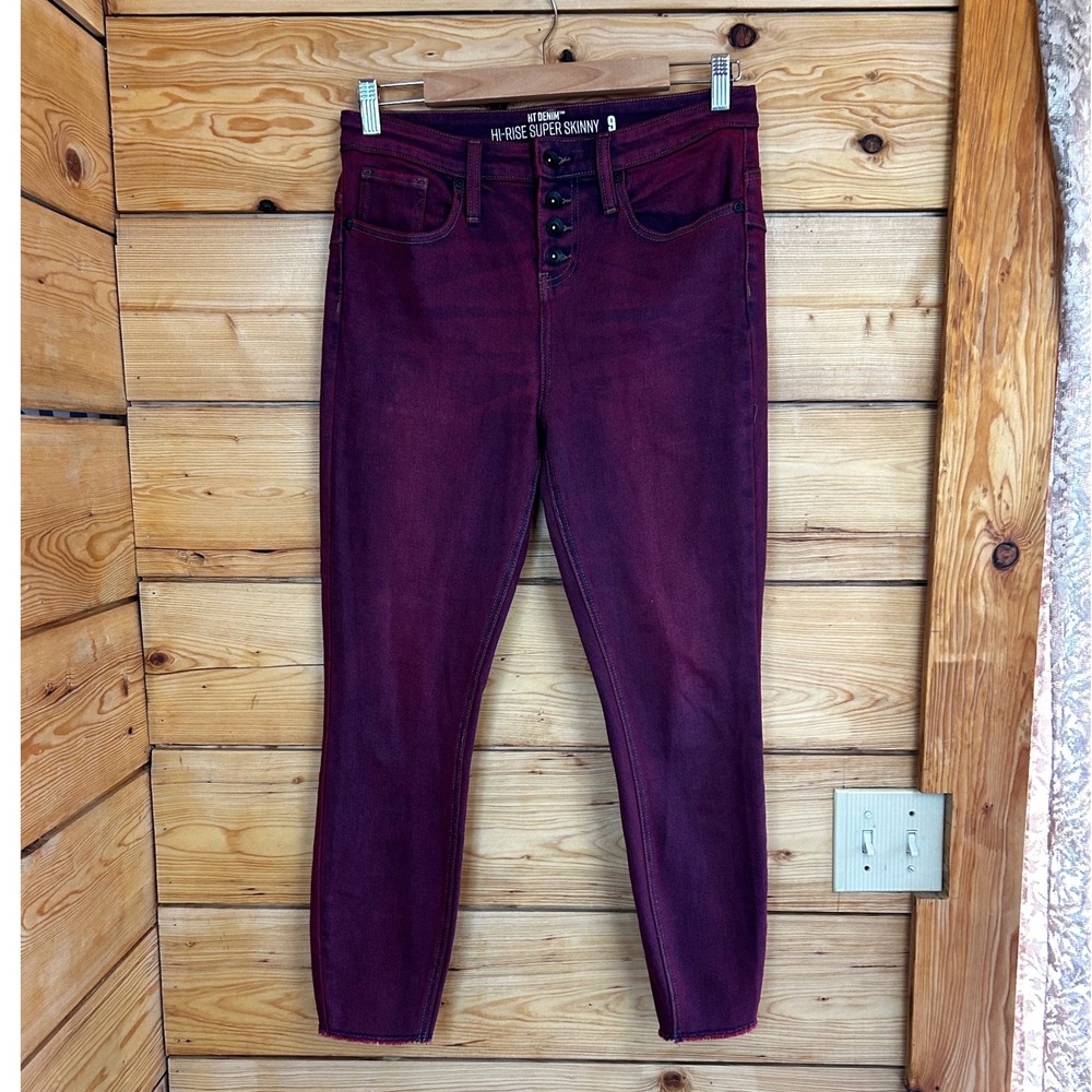 HT Denim Burgundy Hi-Rise‎ Super Skinny Button Fly Raw Hem Jeans Size 9